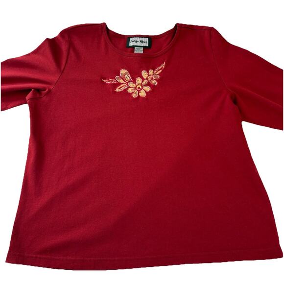 Indigo Moon Knit Maroon Pull On Floral Embroidery Sequined 3/4 Sleeve Shirt 1X - Picture 4 of 11